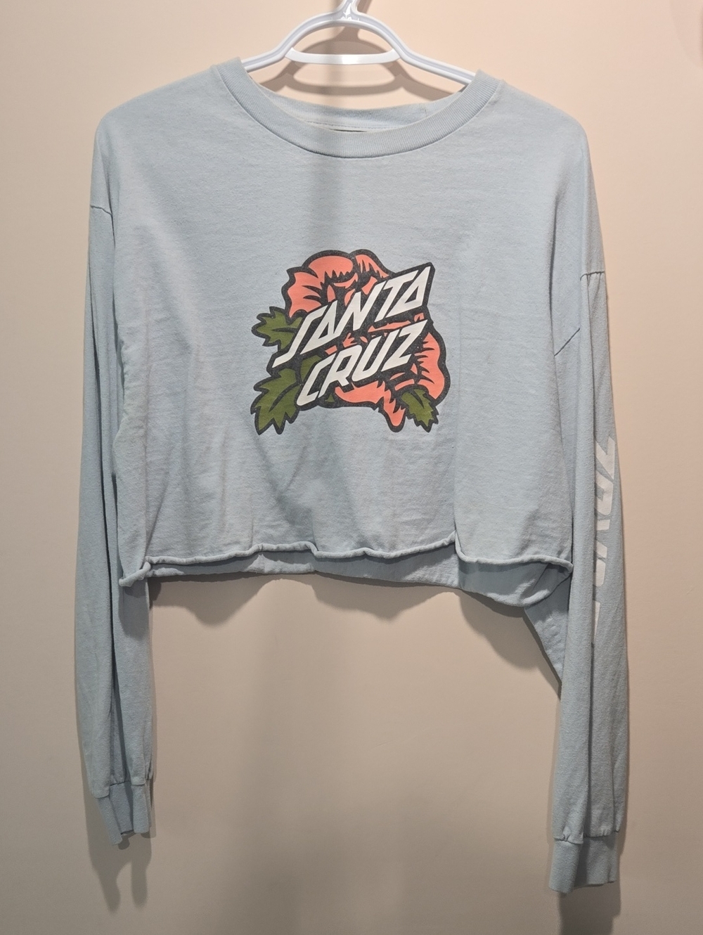 Santa Cruz Skateboards Women's Light Blue Cropped Graphic Long Sleeve Tee